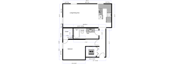 A floor plan of a room with a living/dining area, closet, bath, and bedroom.