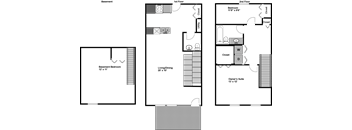 A floor plan of a house with a basement, living room, dining room, kitchen, and bathrooms.