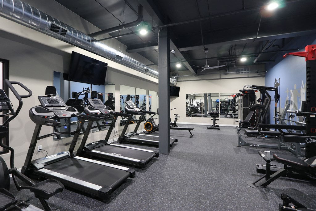 a gym filled with cardio equipment and weights