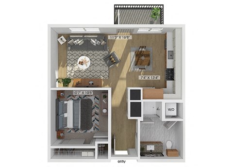 one bedroom one bathroom floor plan image at V2 Apartments