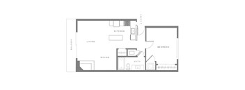 A floor plan of a house with a kitchen, living room, dining room, bathroom and bedroom.