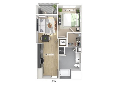 One bedroom floor plan image at The Wylden in Los Angeles CA