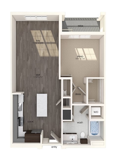 A01 one bedroom floor plan image at North at Totem Lake Apartments in Kirkland WA