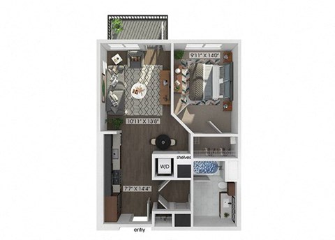 one bedroom one bathroom floor plan image at V2 Apartments