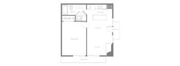 A floor plan of a house with a living room, dining room, kitchen, bedroom, bathroom, and balcony.