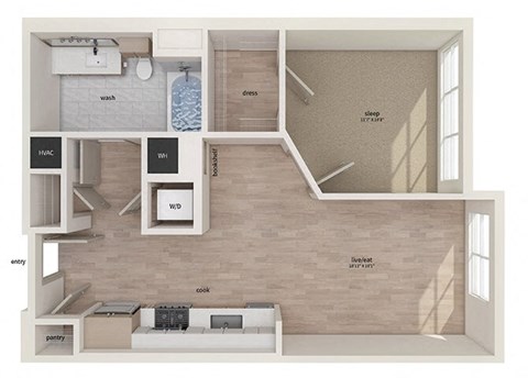 One bedroom floor plan image at Vero Apartments in Chelsea MA