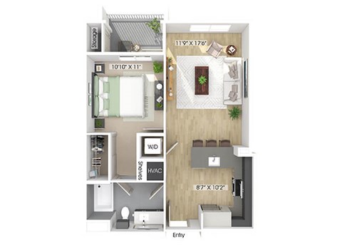 One bedroom floor plan image at The Wylden in Los Angeles CA