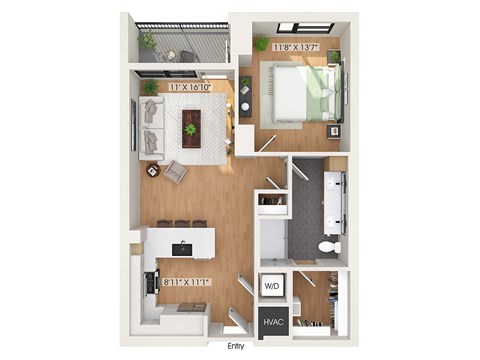 One bedroom floor plan at 1010 Waugh Apartments in Houston TX