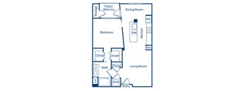 A floor plan of a living space with a bedroom, bathroom, kitchen, and dining room.