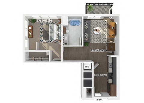 one bedroom one bathroom floor plan image at V2 Apartments