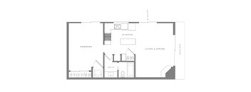 A floor plan of a house with a kitchen, living room, and bathroom.