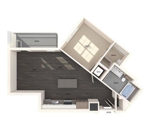 A03 one bedroom floor plan image at North at Totem Lake Apartments in Kirkland WA