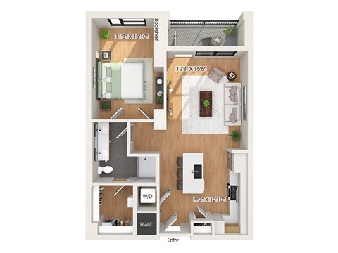 One bedroom floor plan at 1010 Waugh Apartments in Houston TX