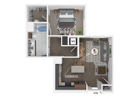one bedroom one bathroom floor plan image at V2 Apartments