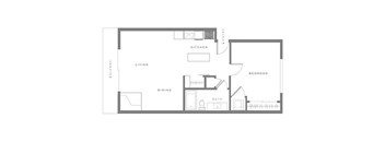 A floor plan of a small apartment with a living room, dining room, kitchen, bathroom and bedroom.