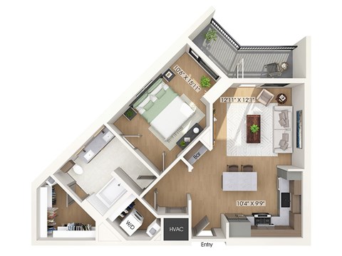 One bedroom floor plan at 1010 Waugh Apartments in Houston TX