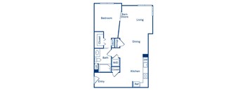 A floor plan of a house with a bedroom, living room, dining room, kitchen, bathroom, and laundry room.