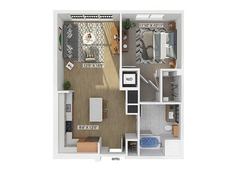 one bedroom one bathroom floor plan image at V2 Apartments