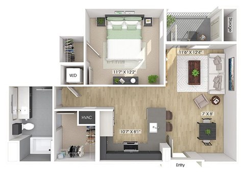 One bedroom floor plan image at The Wylden in Los Angeles CA