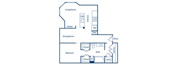 A simple floor plan of a house with a living room, dining room, kitchen, bedroom, and bathroom.