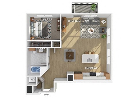 one bedroom one bathroom floor plan image at V2 Apartments