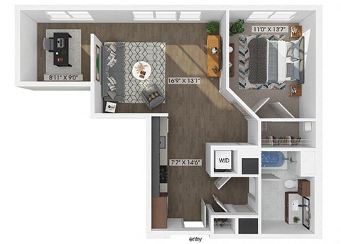 one bedroom one bathroom floor plan image at V2 Apartments