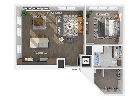 one bedroom one bathroom floor plan image at V2 Apartments