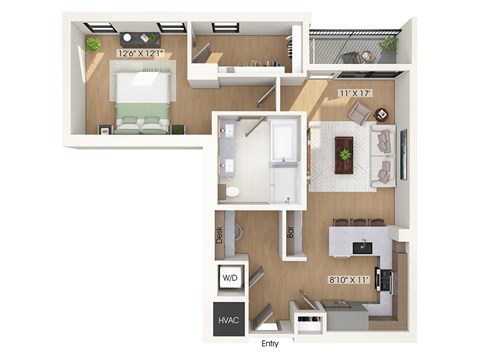 One bedroom floor plan at 1010 Waugh Apartments in Houston TX