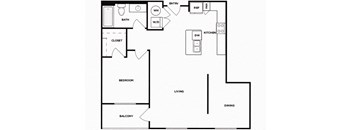 One bedroom one bathroom floor plan image at Norte Town Lake Apartments in Tempe Arizona