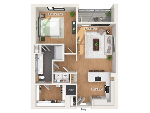 One bedroom floor plan at 1010 Waugh Apartments in Houston TX