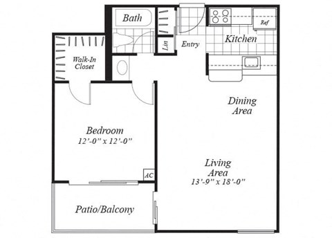 one bedroom floor plan at Ridgemoor apartments