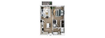 A floor plan of an apartment with a living room, kitchen, and bathroom.