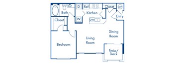 One bedroom floor plan at Campana Crown Valley Apartments in Mission Viejo CA