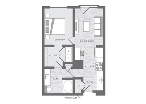 one bedroom floor plan at the Huntington Apartments in Plano TX