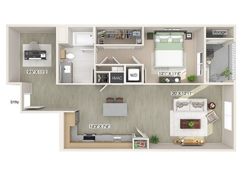 One bedroom floor plan image at The Wylden in Los Angeles CA