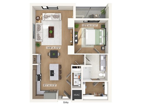 One bedroom floor plan at 1010 Waugh Apartments in Houston TX