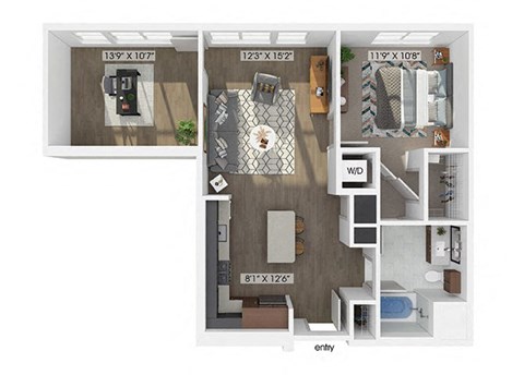 one bedroom one bathroom floor plan image at V2 Apartments