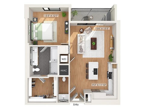 One bedroom floor plan at 1010 Waugh Apartments in Houston TX