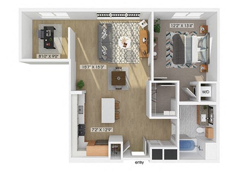 one bedroom one bathroom floor plan image at V2 Apartments