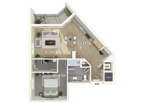 One bedroom floor plan at Treo Apartments in Fort Lauderdale FL