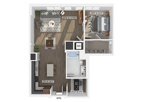 one bedroom one bathroom floor plan image at V2 Apartments