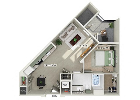 One bedroom floor plan at Rivair Apartment Homes in San Diego CA