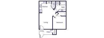A floor plan of a house with a kitchen, living room, bedroom, bathroom, and patio.