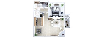 One bedroom floor plan Loft Model Living Room and Fireplace at Sky Rock Apartments in Longmont CO