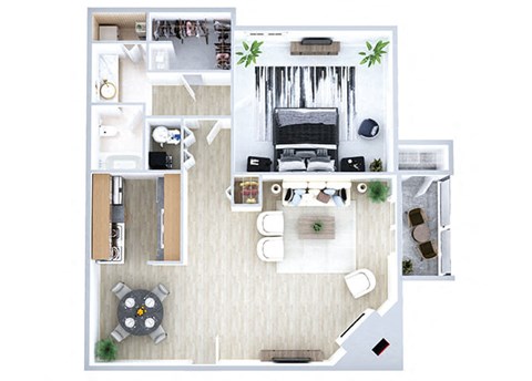 One bedroom floor plan Loft Model Living Room and Fireplace at Sky Rock Apartments in Longmont CO