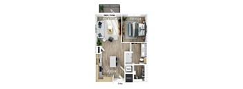 One bedroom floor plan at Merrick on Midway Apartments in Farmers Branch TX