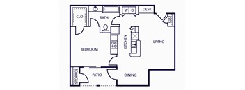 One bedroom one bathroom floor plan image at The Sorento Apartments