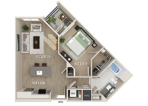 One bedroom floor plan image at West Village Poway Apartments in Poway CA