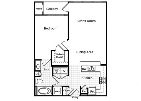 One bedroom one bathroom floor plan at Westchester at the Pavilions in Waldorf MD