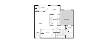 A floor plan of a house with a living room, dining room, kitchen, bedroom, study, bathroom, and closet.